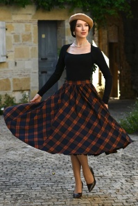 Hearts & Roses - Tira Tartan swing rok in donkerblauw en roest