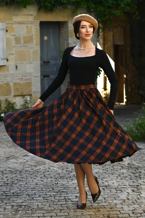 Hearts & Roses - Tira Tartan swing rok in donkerblauw en roest