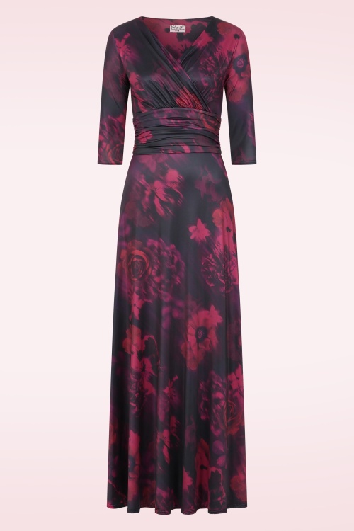 Vintage Chic for Topvintage - Topvintage exclusive ~ Vivian Faded Flower maxi jurk in zwart en bordeauxrood