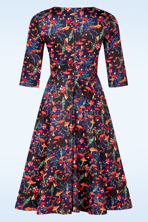 Topvintage Boutique Collection - Topvintage exclusive ~ Amelia swing jurk met paddenstoelen print in donkerblauw  7