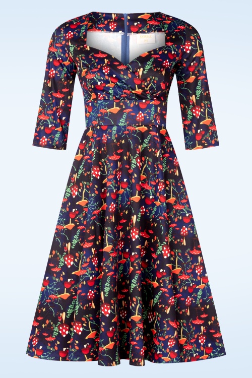 Topvintage Boutique Collection - Topvintage exclusive ~ Amelia swing jurk met paddenstoelen print in donkerblauw  2