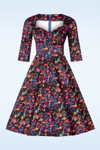 Topvintage Boutique Collection - Topvintage exclusive ~ Amelia swing jurk met paddenstoelen print in donkerblauw  6