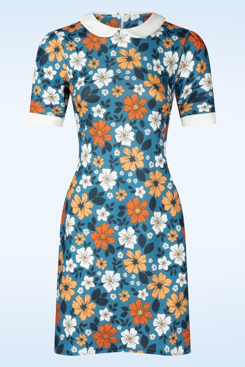 Vintage Chic for Topvintage - Topvintage exclusive ~ Ebony floral jurk in tealblauw en oranje 
