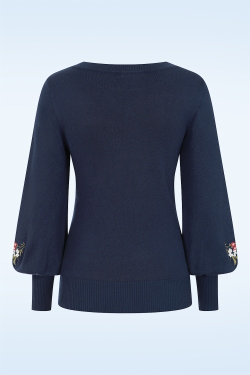 Banned Retro - Floral Whisper gebreide trui in marineblauw 4