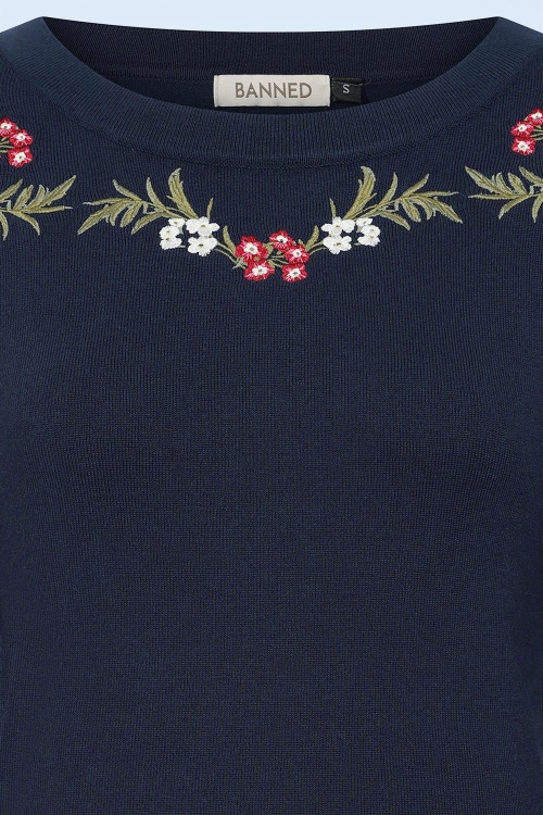 Banned Retro - Floral Whisper gebreide trui in marineblauw 2