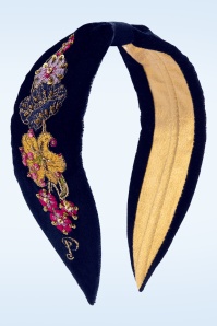 Powder - Midnight Posy geborduurde fluwelen haarband in blauw
