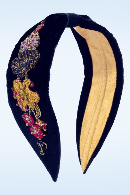 Powder - Midnight Posy geborduurde fluwelen haarband in blauw