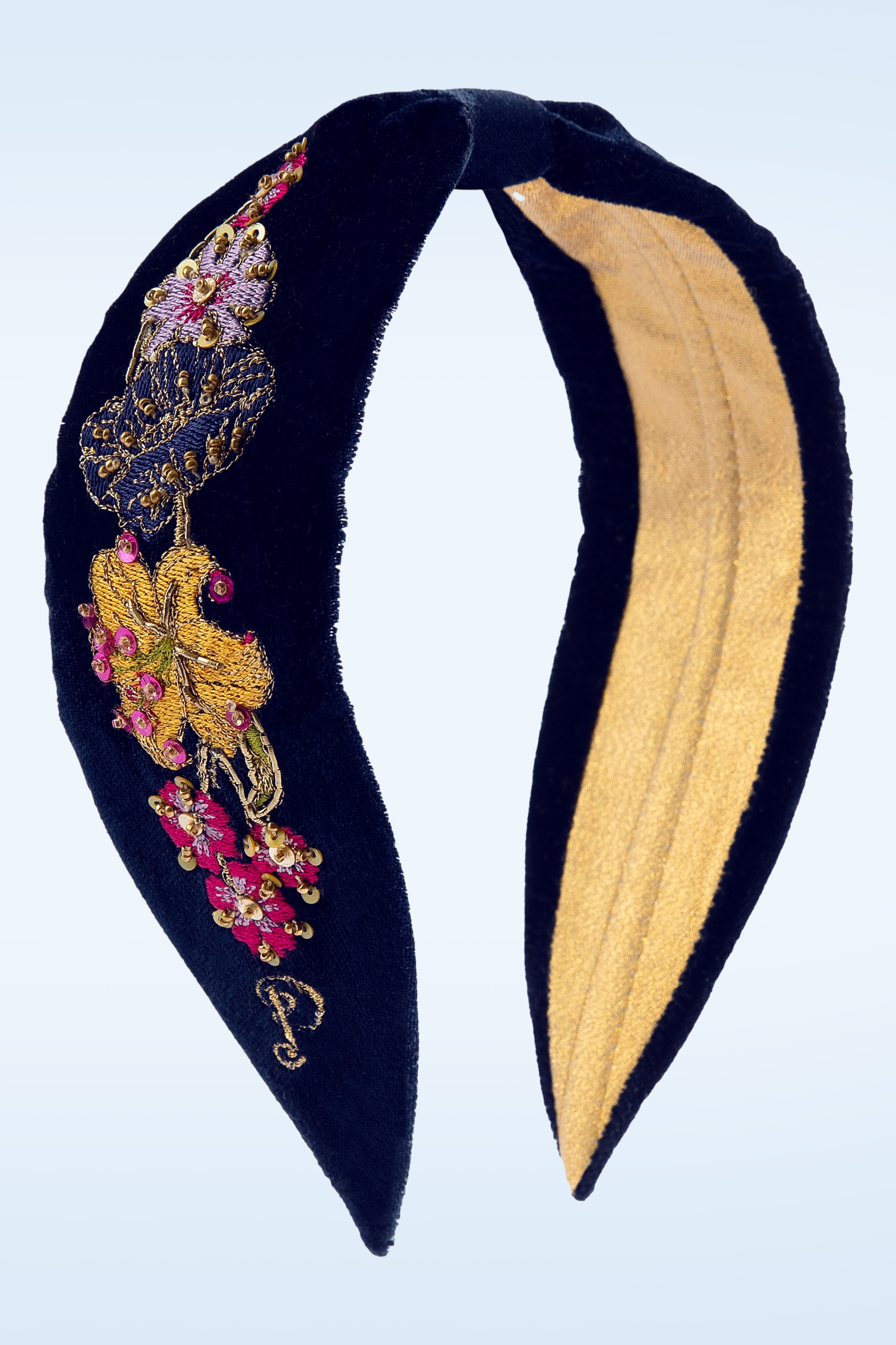 Powder - Midnight Posy geborduurde fluwelen haarband in blauw