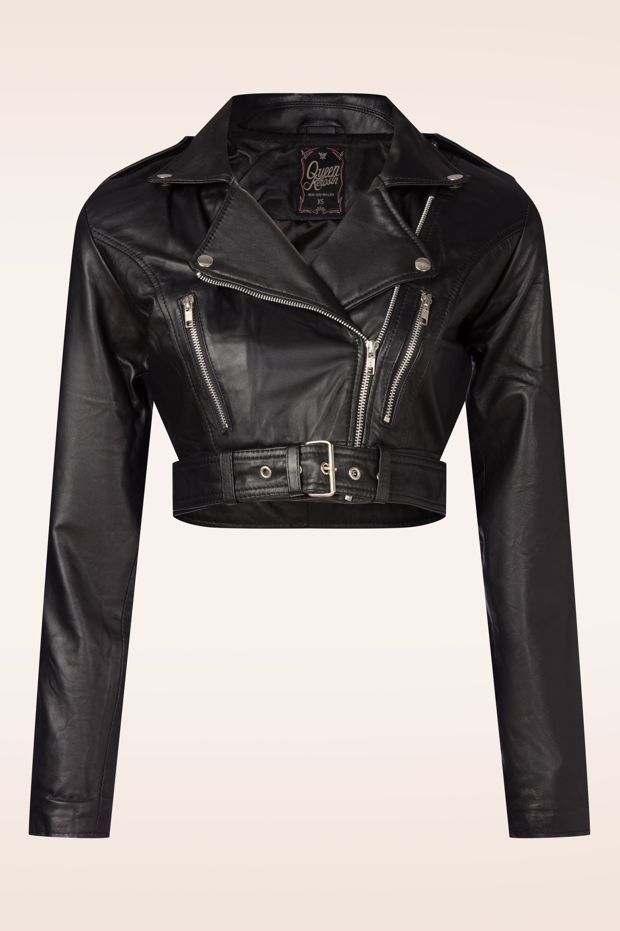 Queen Kerosin - Riley cropped leren biker jack in zwart 