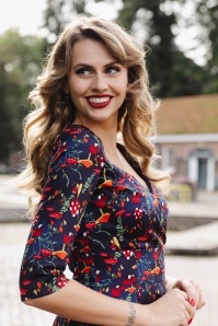 Topvintage Boutique Collection - Topvintage exclusive ~ Amelia swing jurk met paddenstoelen print in donkerblauw  4