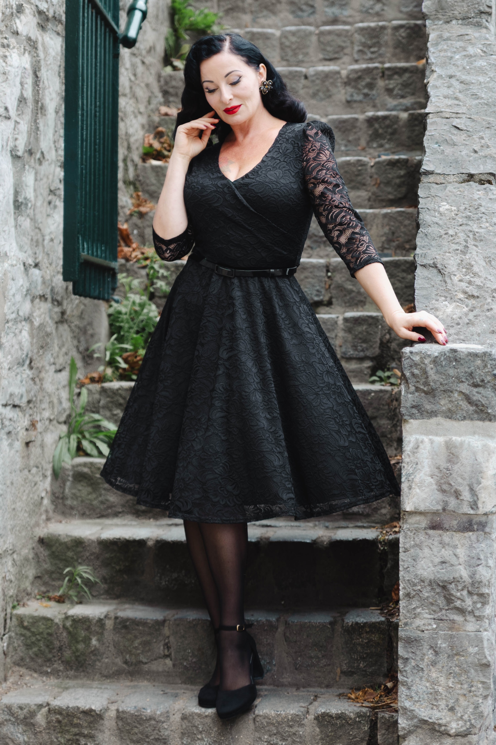 【新品M】LIMITED VINTAGE LACE DRESS Autumn Vintage Blue Lace Dress Women A-Line Ladies Dress