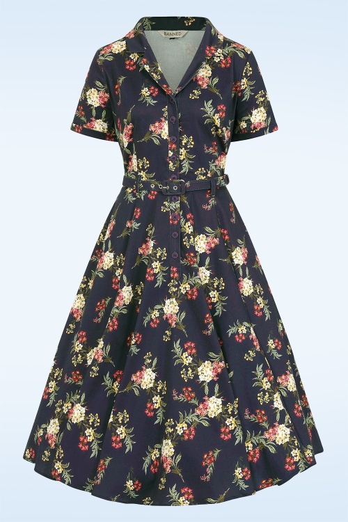 Banned Retro - Evening Bloom swing jurk in donkerblauw