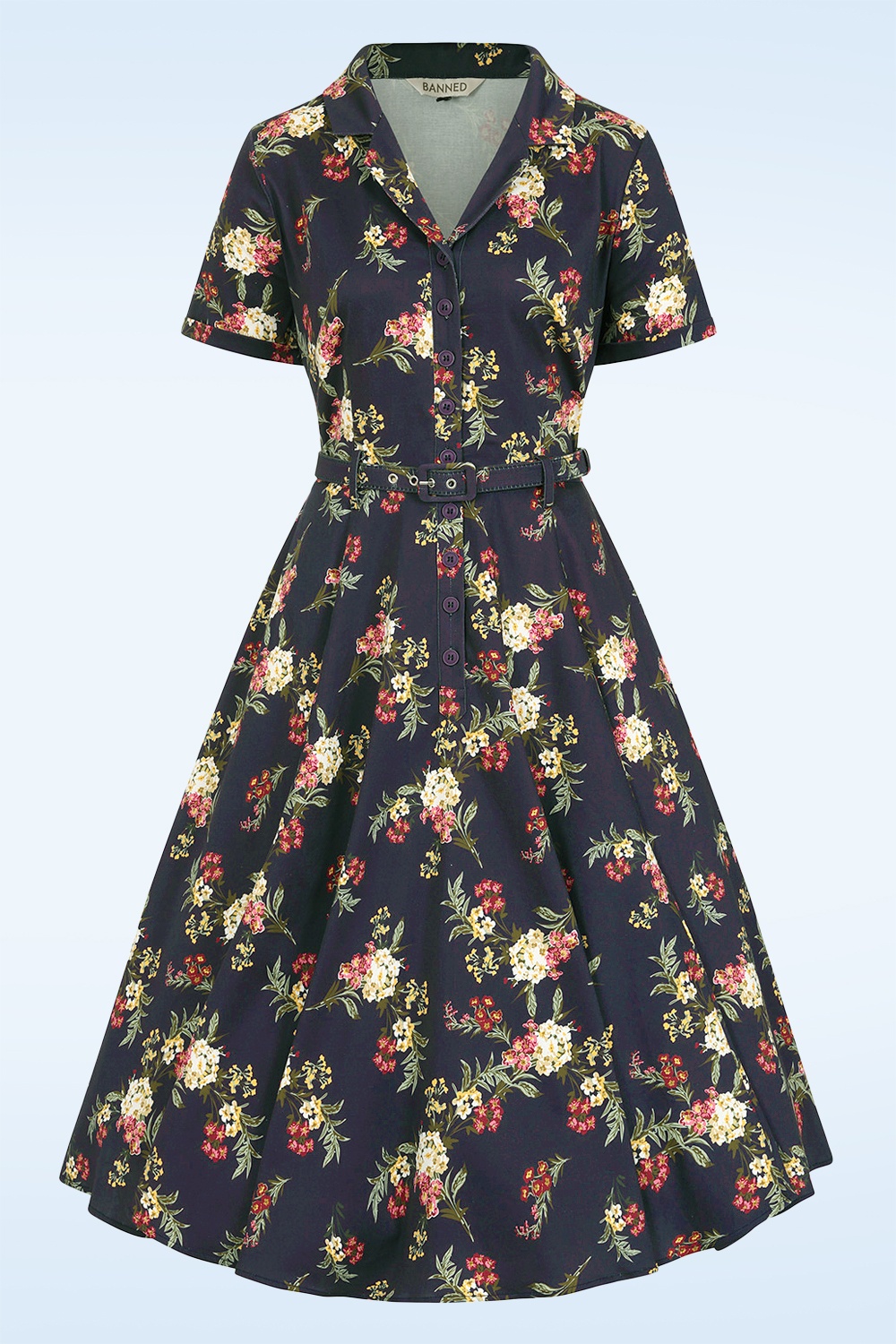 Banned Retro - Evening Bloom swing jurk in donkerblauw