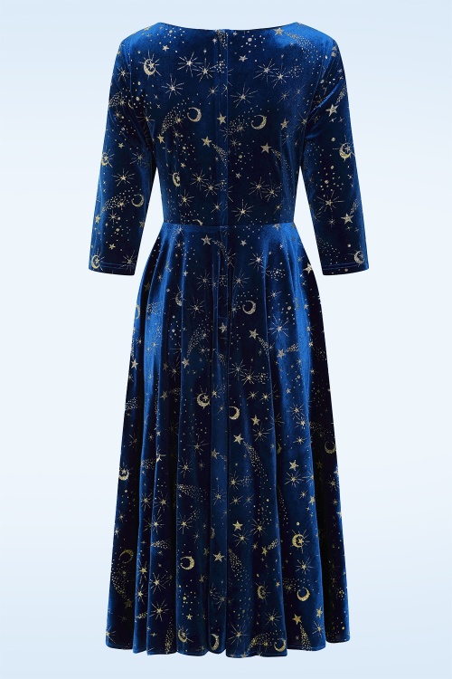 Banned Retro - Moonlit Stardust fluwelen swing jurk in middernachtblauw 3
