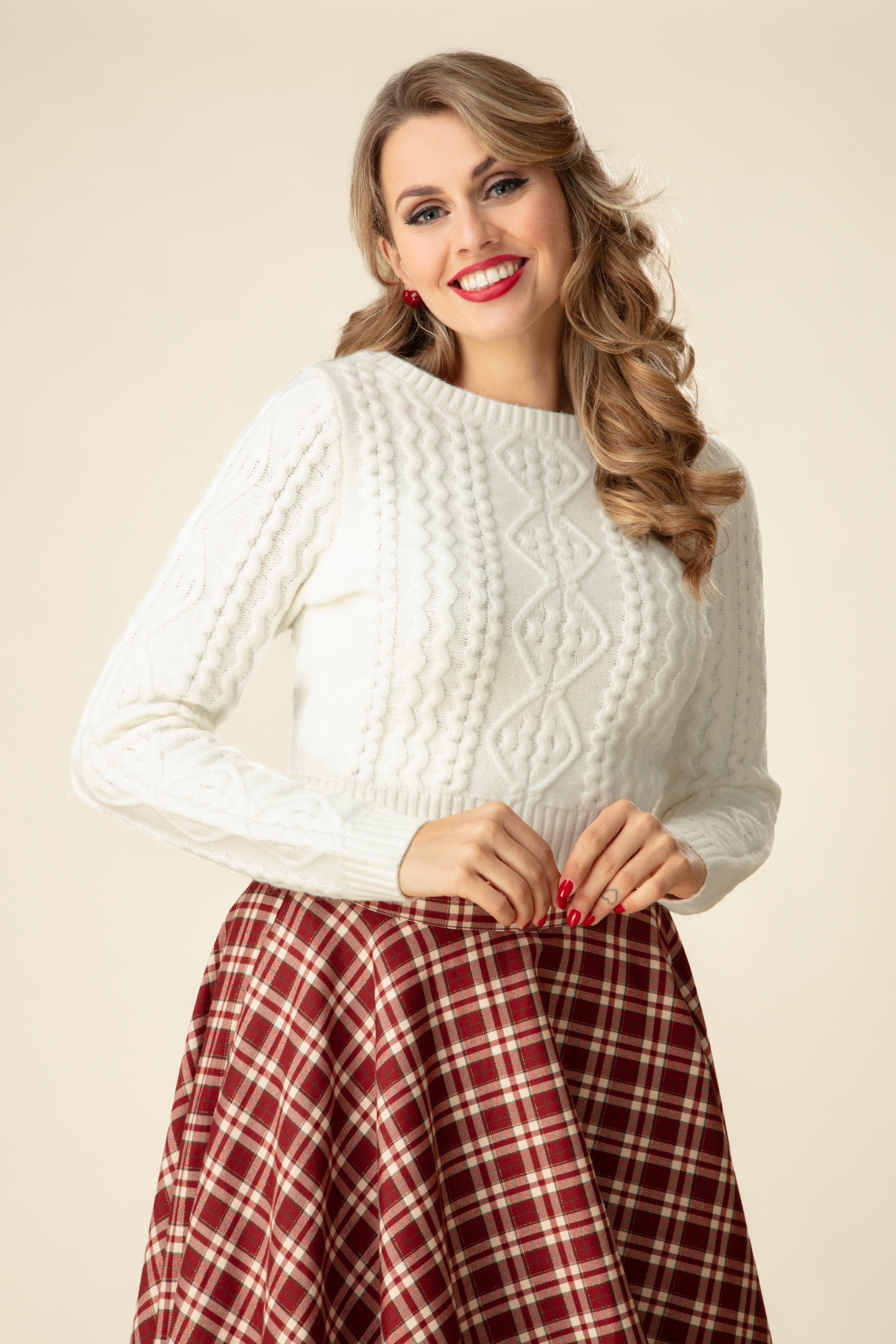 Banned Retro - Winter Whisper kabel gebreide trui in ivoorwit