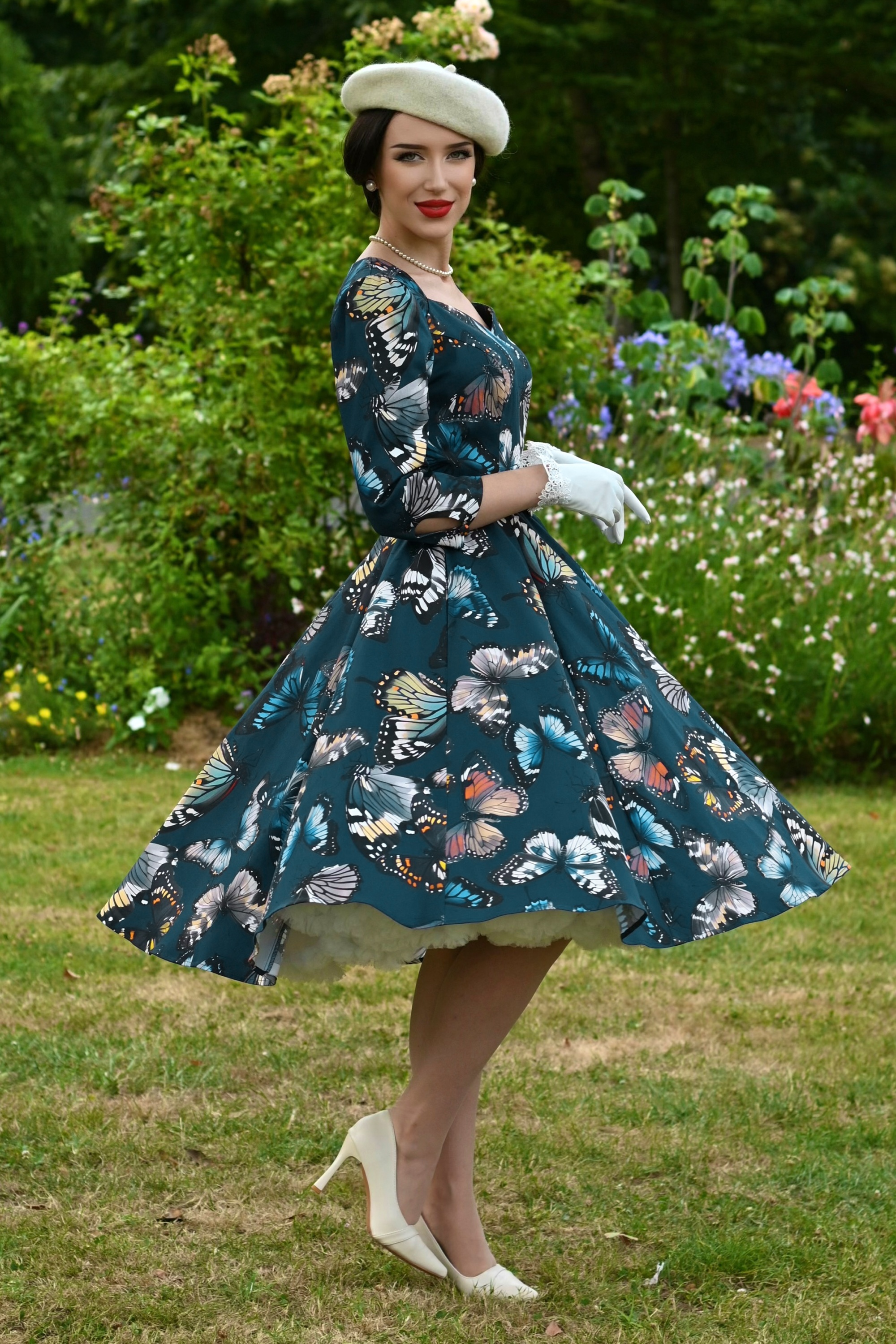 Hearts & Roses - Midnight Flutter swing jurk in petrolblauw