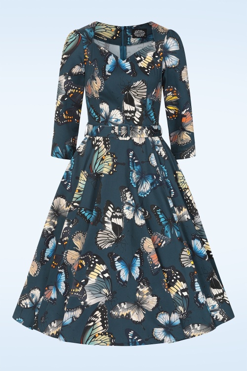 Hearts & Roses - Midnight Flutter swing jurk in petrolblauw 3