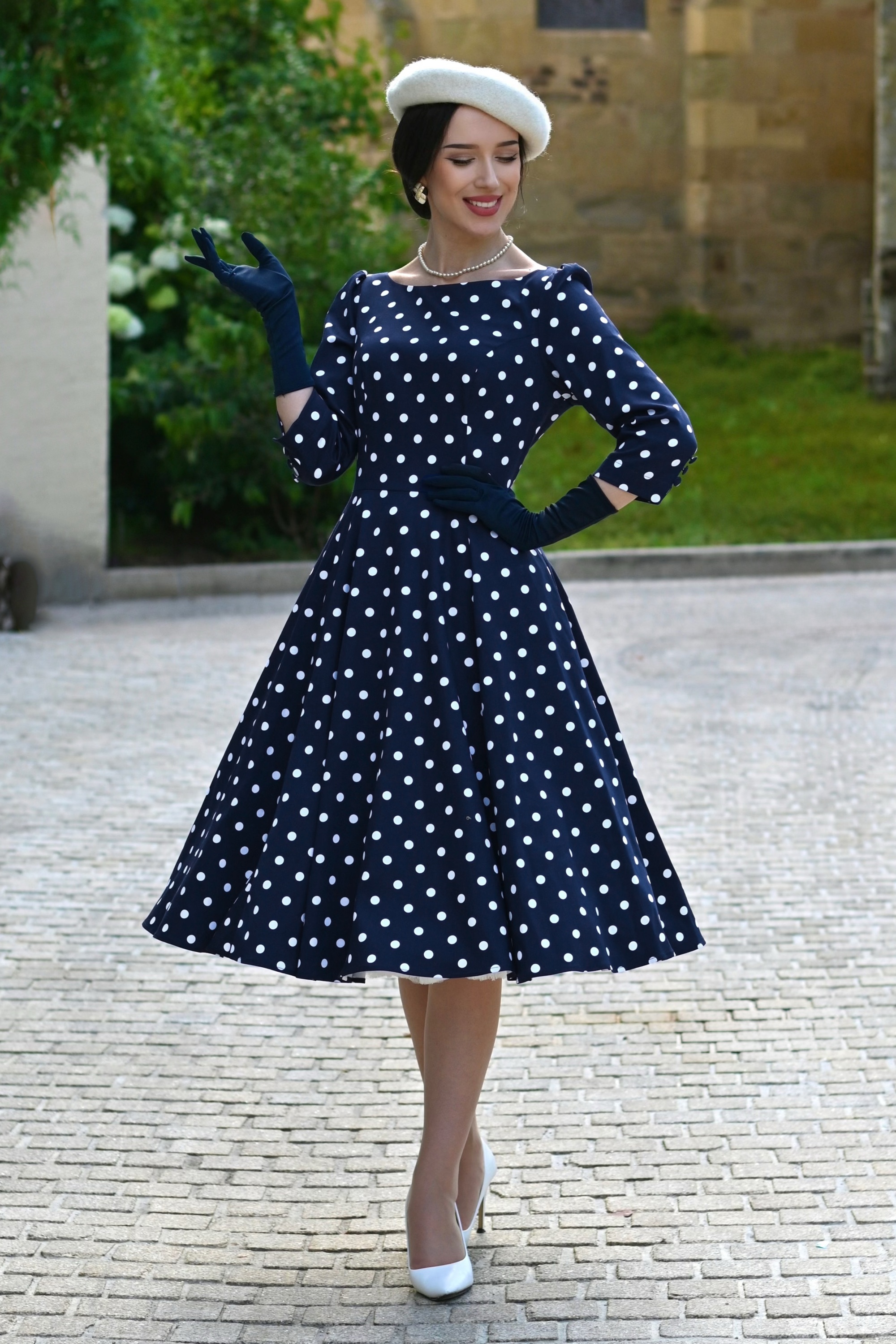 Hearts & Roses - Polka Charm swing jurk in marineblauw