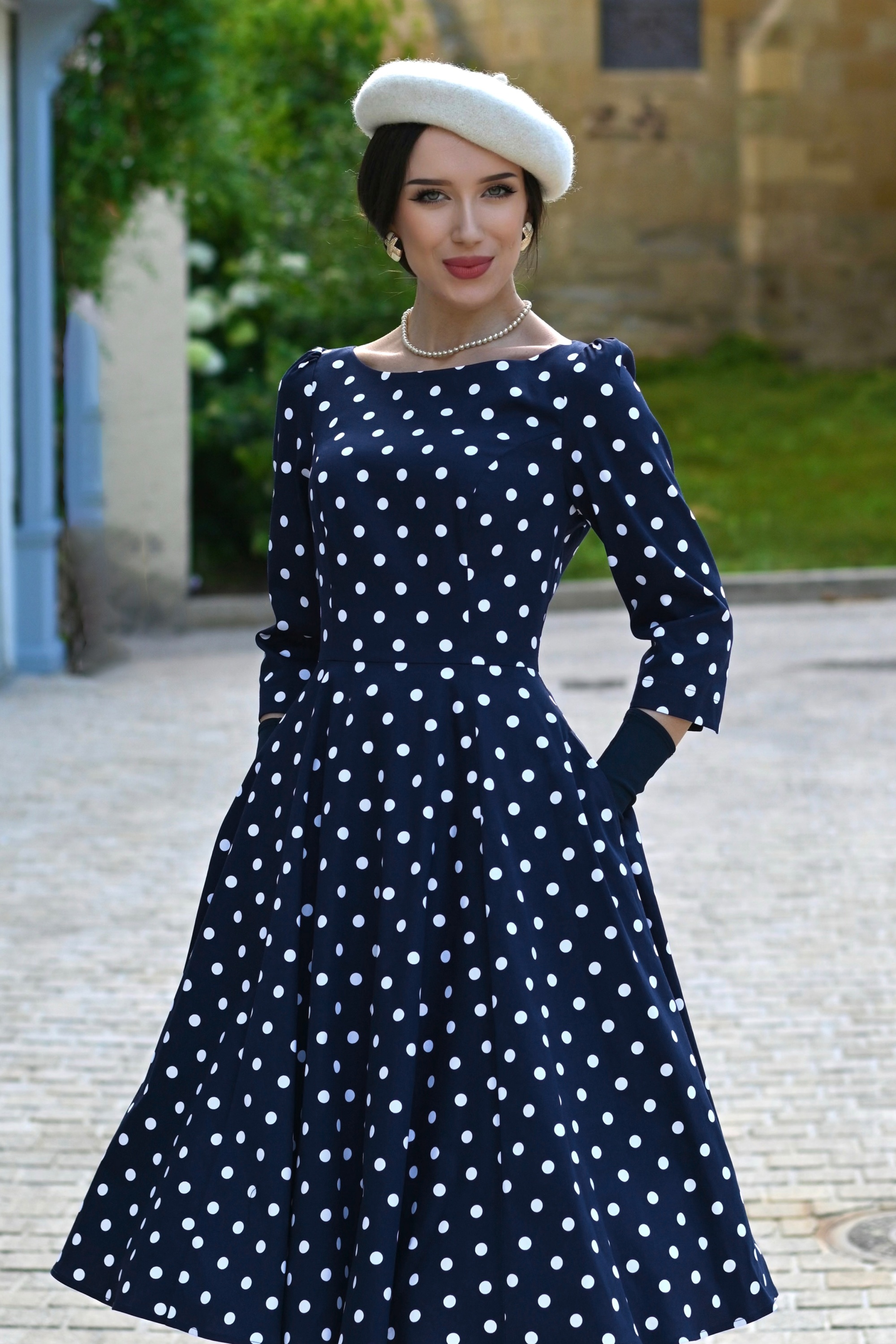 Hearts & Roses - Polka Charm swing jurk in marineblauw 2