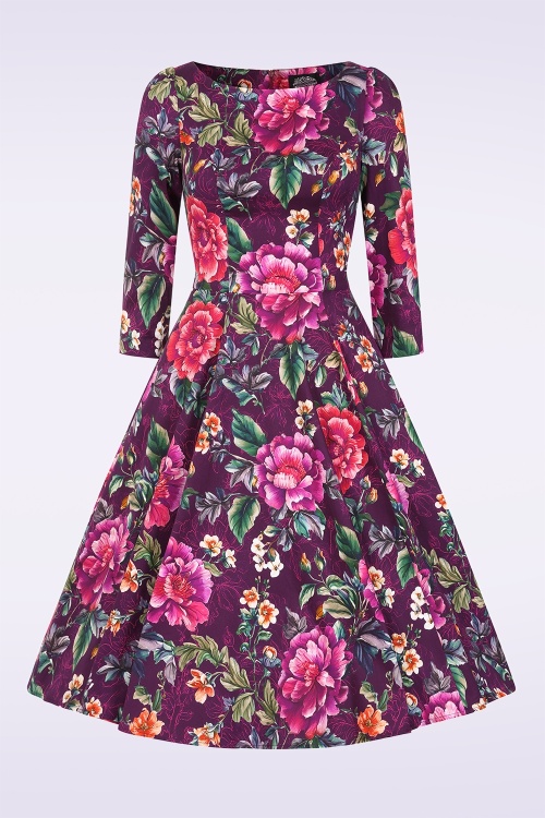 Hearts & Roses - Floral Fantasy swing jurk in paars 4