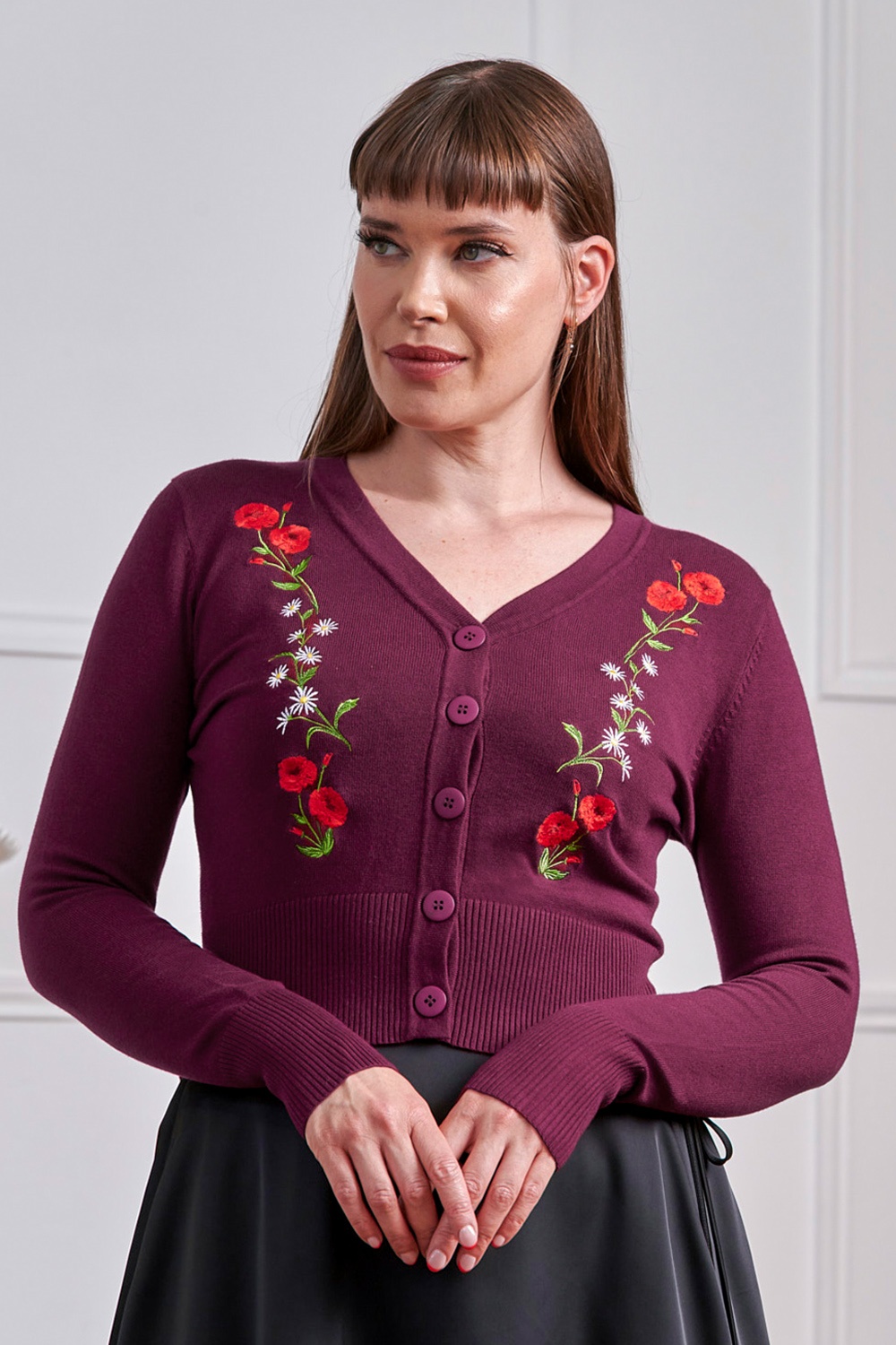 Banned Retro - Nara Roses and Daisies cardigan in bordeaux
