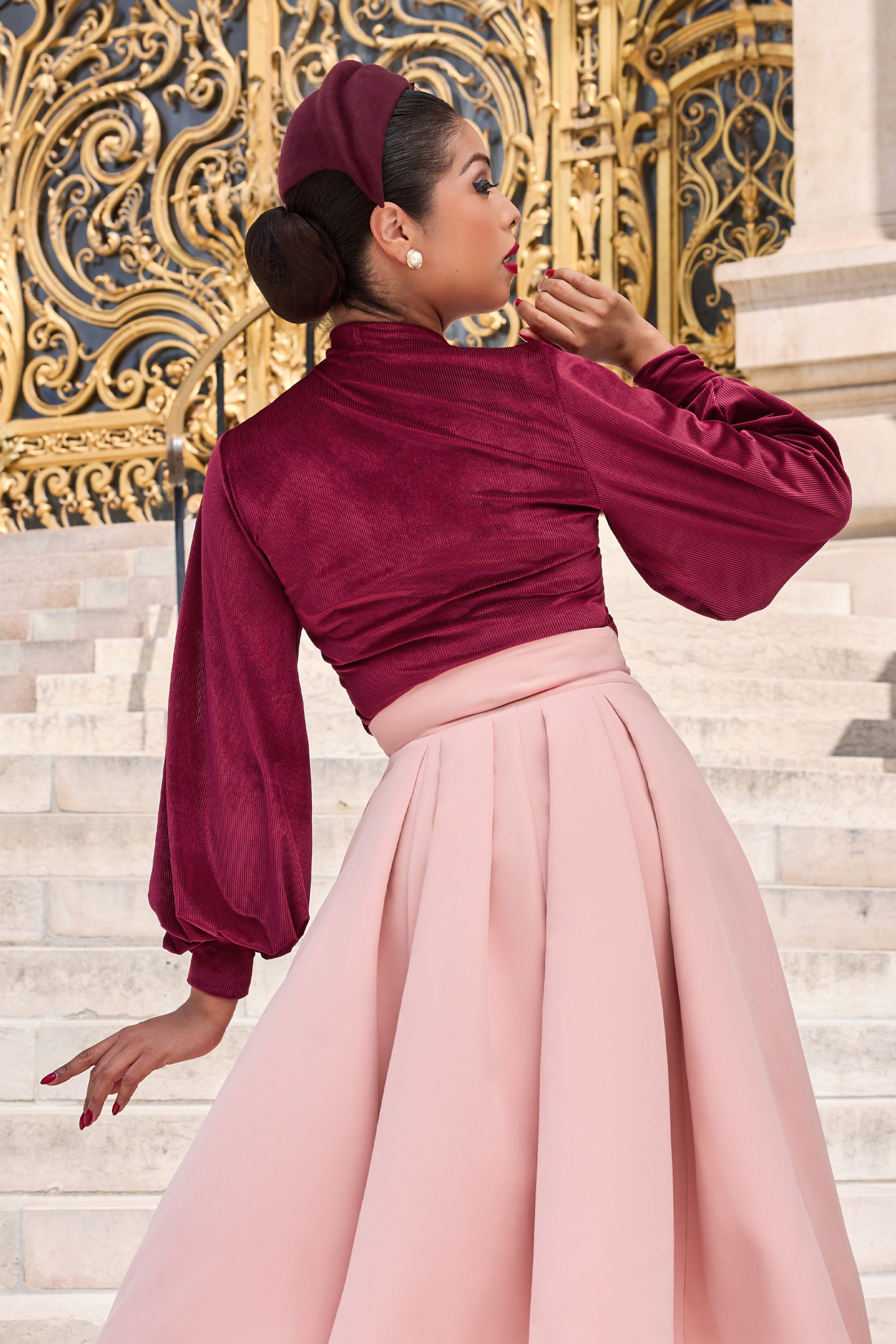 Miss Candyfloss - Leila Favora fluwelen rib top in framboos rood 2