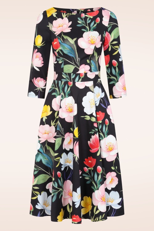 Hearts & Roses - Topvintage exclusive ~ Twilight Garden swing jurk in zwart en multi 