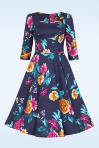 Hearts & Roses - Topvintage Exclusive ~ Petal Promise swing jurk in marineblauw en multi 3
