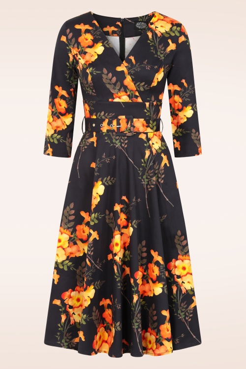 Hearts & Roses - Topvintage Exclusive ~ Honey Harvest swing jurk in zwart en oranje 