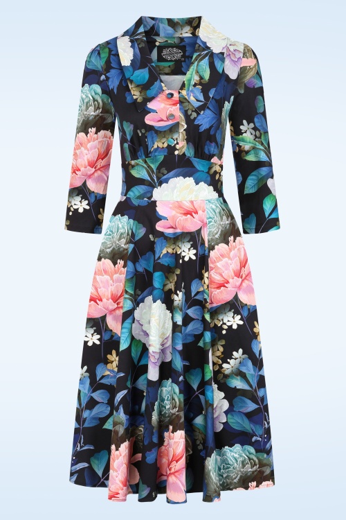 Hearts & Roses - Topvintage Exclusive ~ Garden Whispers swing jurk in zwart en multi 