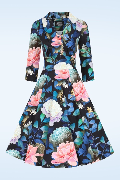 Hearts & Roses - Topvintage Exclusive ~ Garden Whispers swing jurk in zwart en multi  3