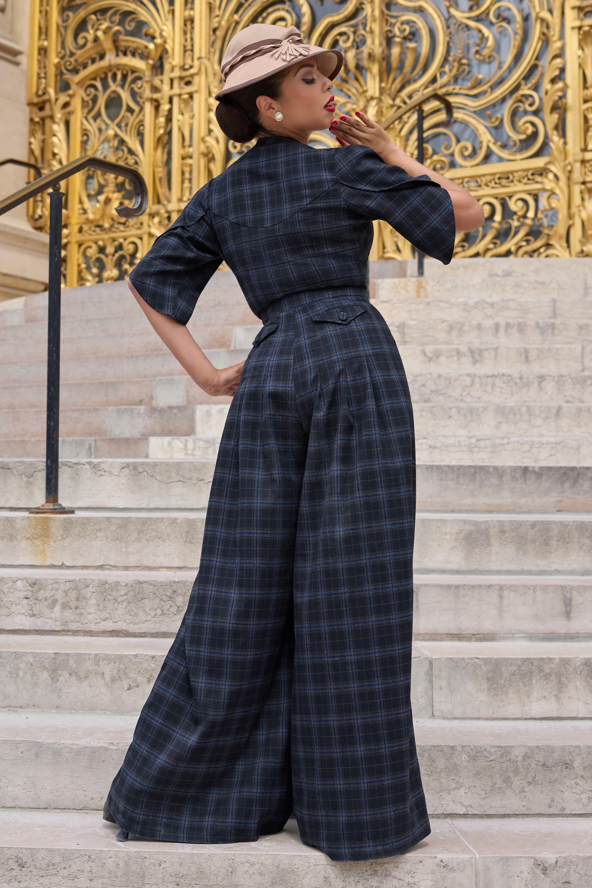 Miss Candyfloss - Camilla Lee Tartan jumpsuit in navy 3