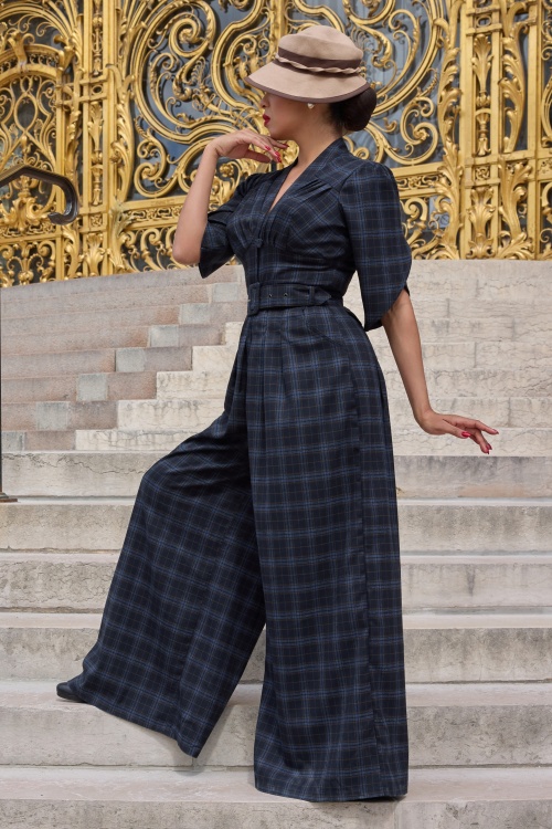 Miss Candyfloss - Camilla Lee Tartan jumpsuit in navy 2