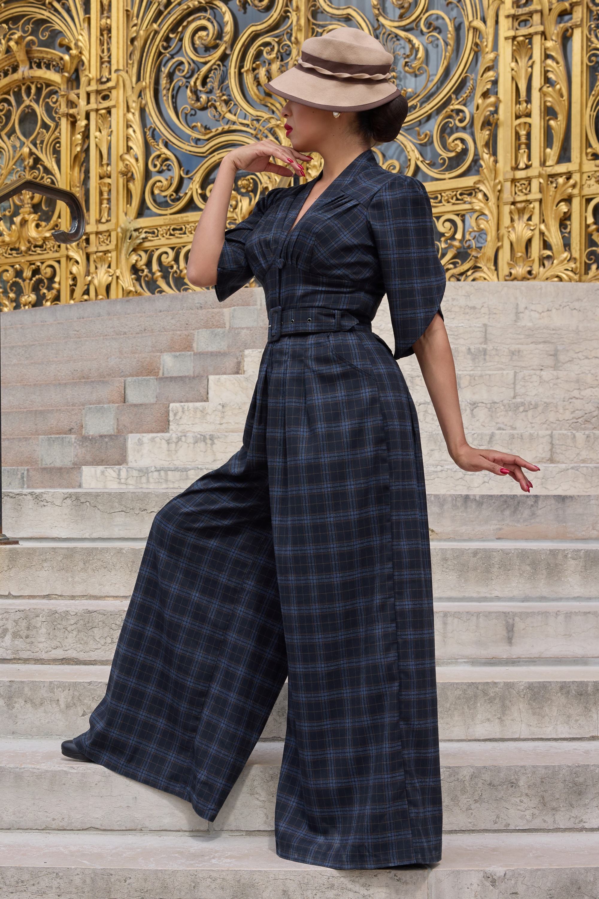 Miss Candyfloss - Camilla Lee Tartan jumpsuit in navy 2