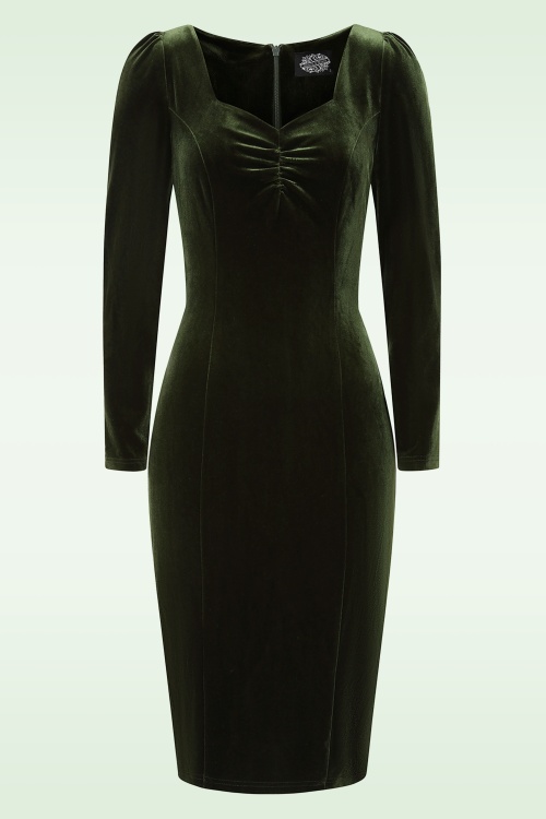 Hearts & Roses - Carmen Velvet Wiggle jurk in donkergroen 2