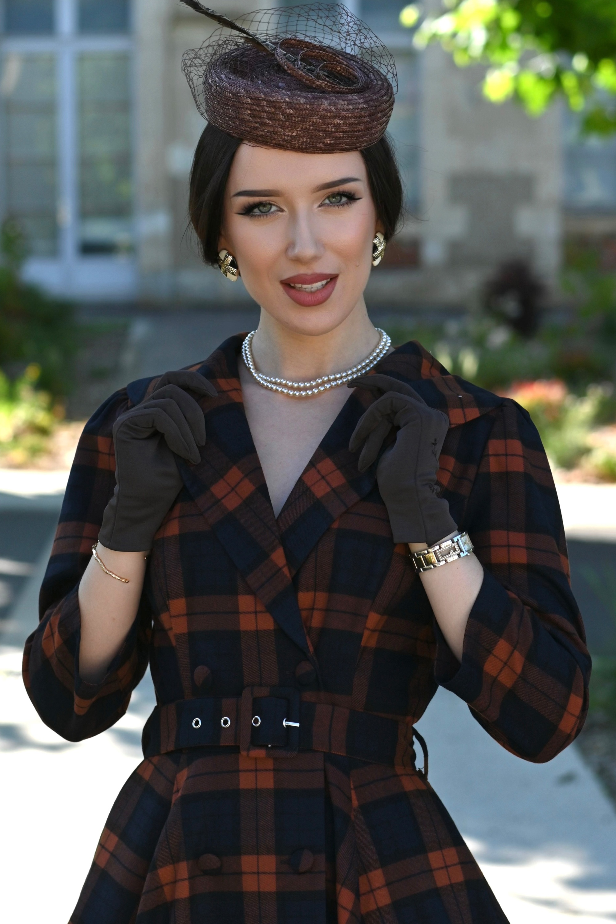 Hearts & Roses - Giselle Tartan swing jurk in roestbruin en navyblauw 3