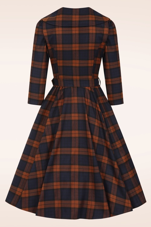Hearts & Roses - Giselle Tartan swing jurk in roestbruin en navyblauw 5