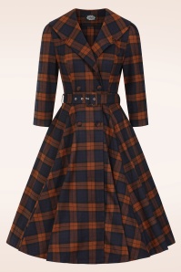 Hearts & Roses - Giselle Tartan swing jurk in roestbruin en navyblauw 2