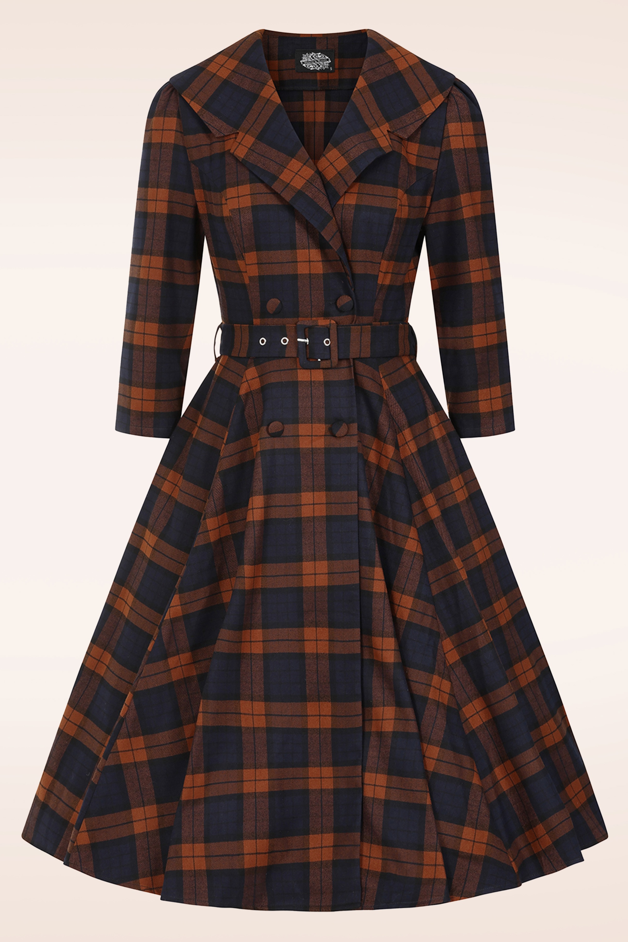 Hearts & Roses - Giselle Tartan swing jurk in roestbruin en navyblauw 2