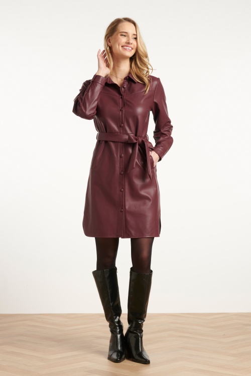 Smashed Lemon - Terry Faux Leather jurk in bordeauxrood 4