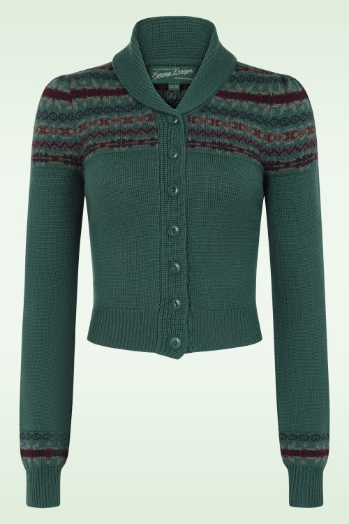 Emmy Design - The Fair-est Isle Wool  gebreide cardigan van wol in petrolgroen
