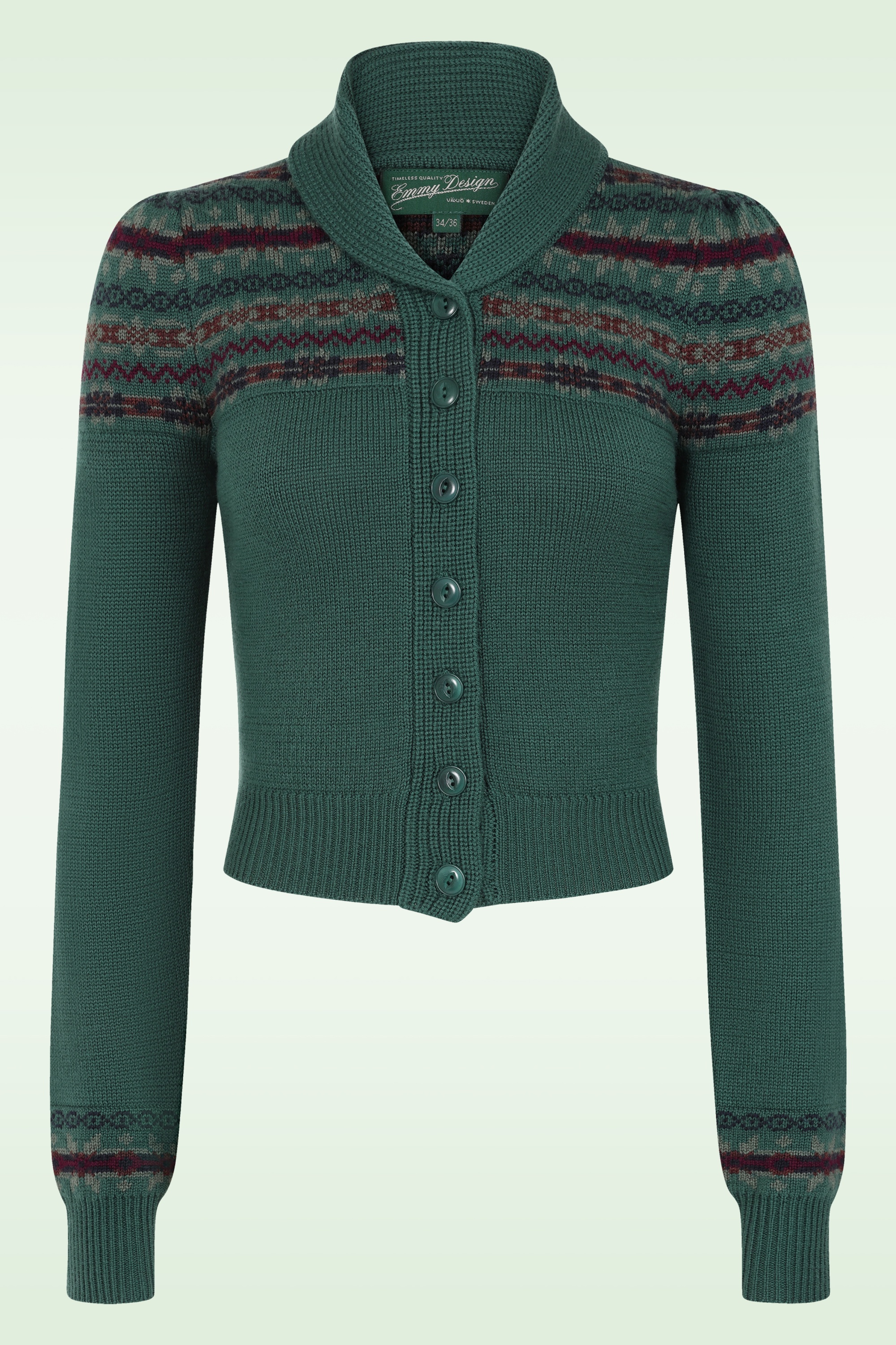 Emmy Design - The Fair-est Isle Wool  gebreide cardigan van wol in petrolgroen