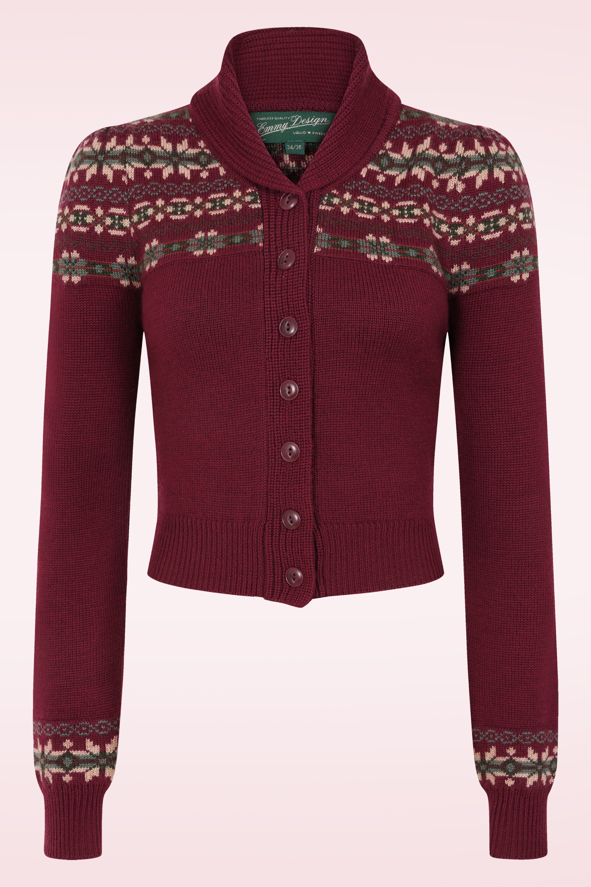 Emmy Design - The Fair-est Isle gebreide cardigan van wol in bordeauxrood 2