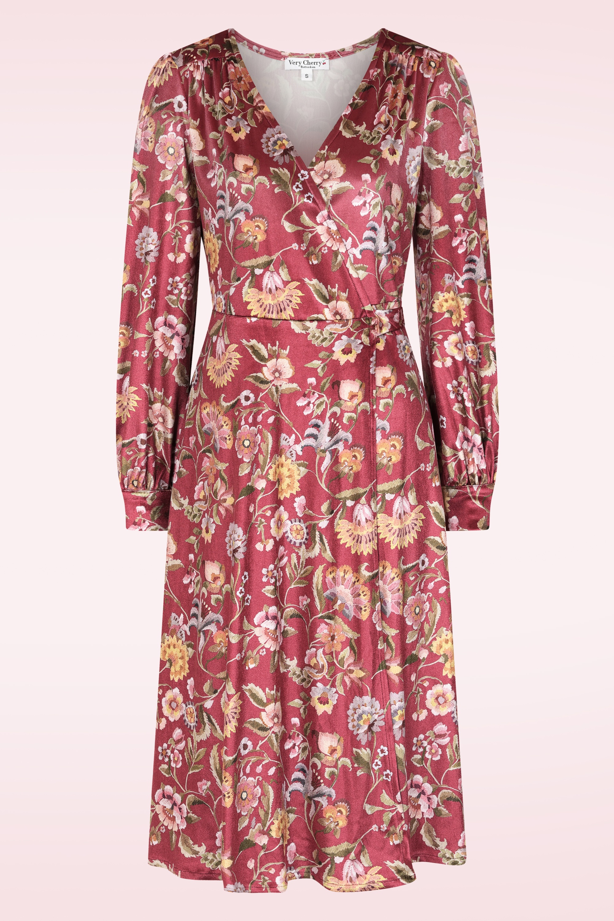 Very Cherry - Dalida Floral fluwelen wikkeljurk in dieprood