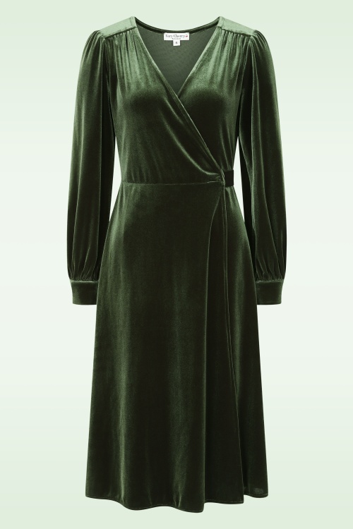 Very Cherry - Dalida fluwelen wikkeljurk in olijfgroen