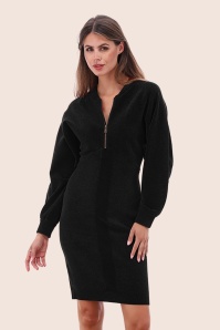 K-Design - Jessy Bomber Style gebreide velours jurk in zwart