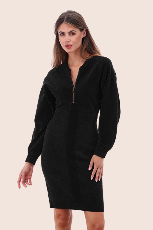 K-Design - Jessy Bomber Style gebreide velours jurk in zwart