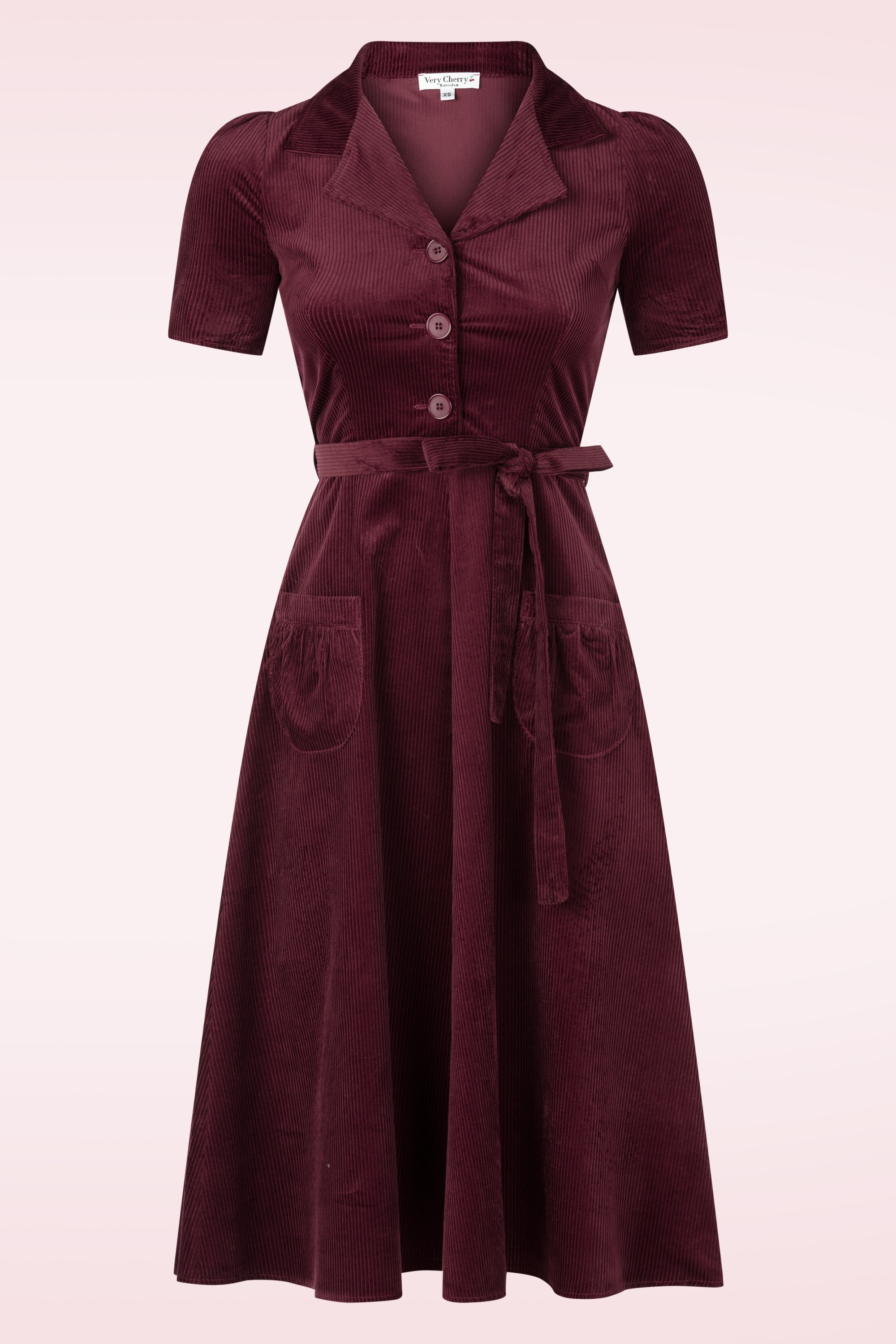 Very Cherry - Midi Revers corduroy jurk in granaatappelrood 