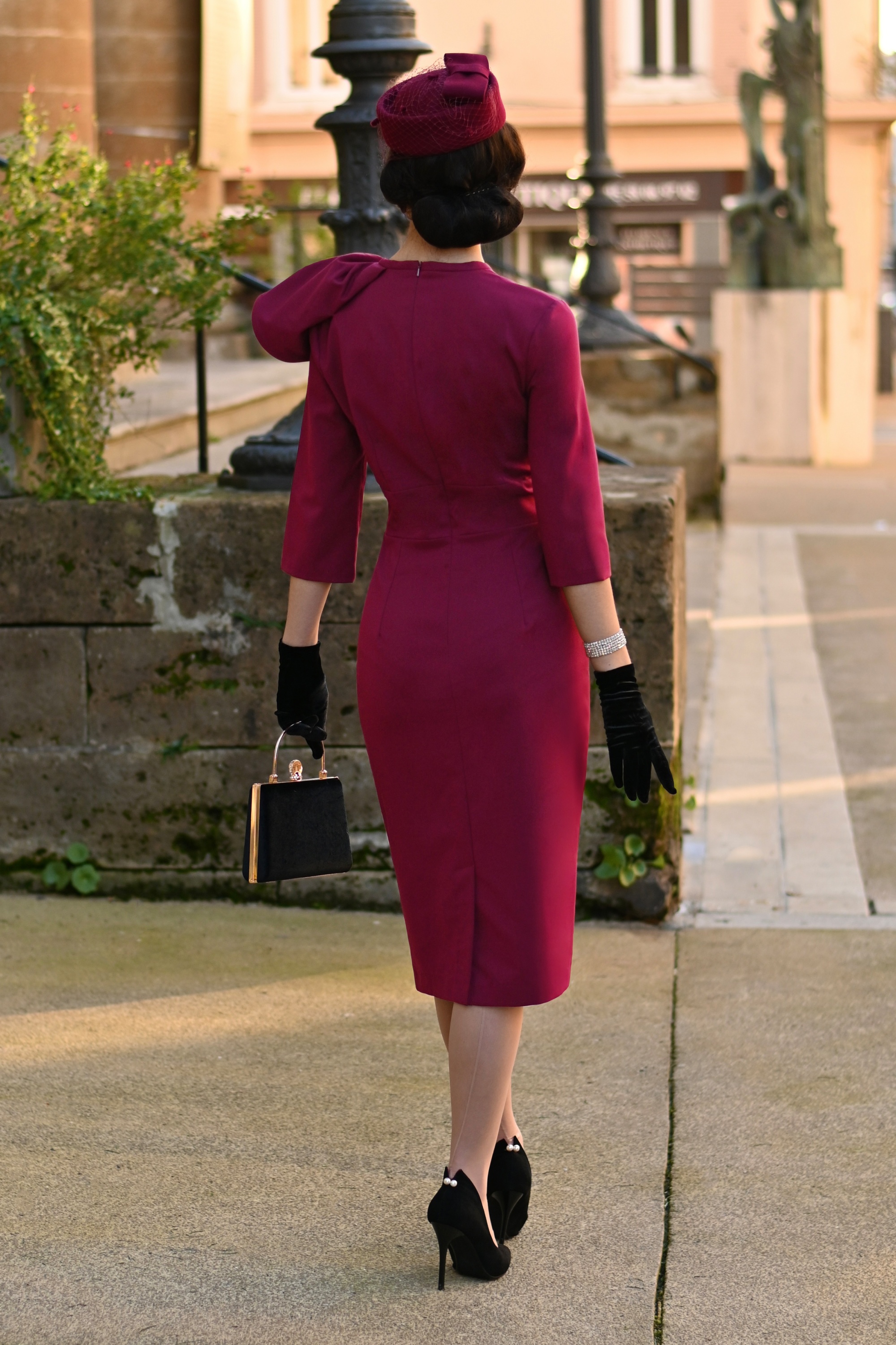 Vintage Diva  - Lorena pencil jurk in bordeauxrood 6