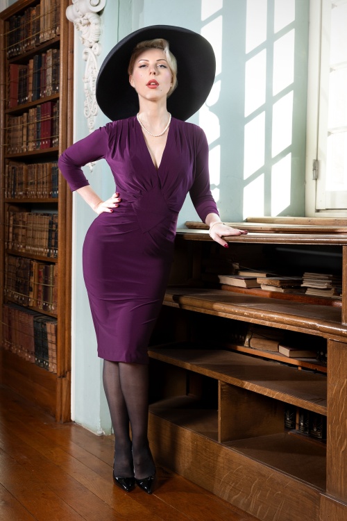 Vintage Diva - Lilianne pencil jurk in paars violet